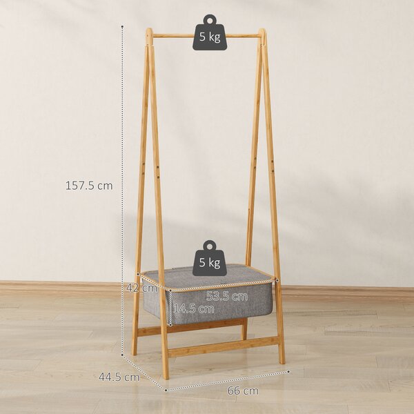 HOMCOM Burro per Abiti Pieghevole in Bambù con Cesto di Stoffa con Coperchio per Ingresso Camera da Letto 60x44,5x157,5 cm Grigio | Aosom Italy