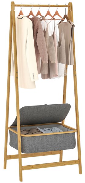 HOMCOM Burro per Abiti Pieghevole in Bambù con Cesto di Stoffa con Coperchio per Ingresso Camera da Letto 60x44,5x157,5 cm Grigio | Aosom Italy
