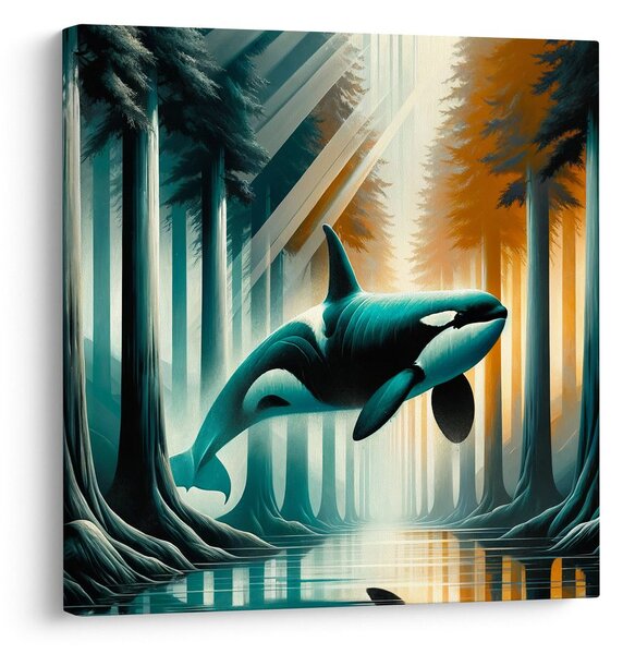 Quadro su tela – Foresta luminosa e orca