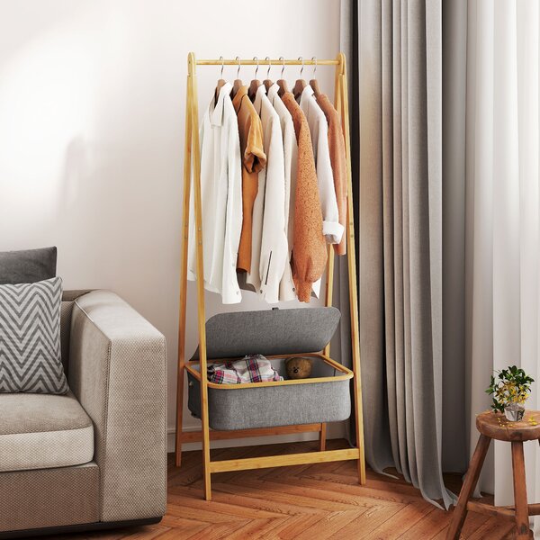 HOMCOM Burro per Abiti Pieghevole in Bambù con Cesto di Stoffa con Coperchio per Ingresso Camera da Letto 60x44,5x157,5 cm Grigio | Aosom Italy