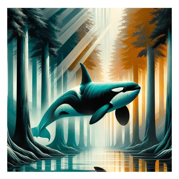 Quadro su tela – Foresta luminosa e orca