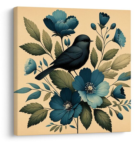 Quadro su tela – Uccellino su ramo con fiori blu