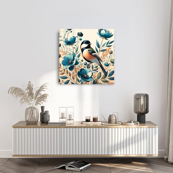 Quadro su tela – Cinciarella nel giardino fiorito