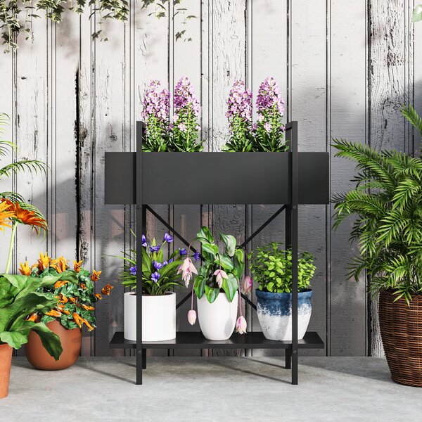Outsunny Supporto per piante da interno a 2 livelli, con fori di drenaggio, in metallo, 60 x 25 x 70 cm, Nero | Aosom Italy
