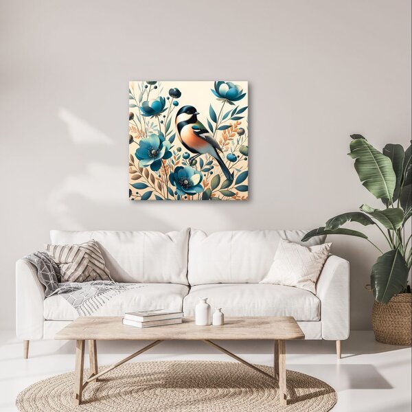 Quadro su tela – Cinciarella nel giardino fiorito