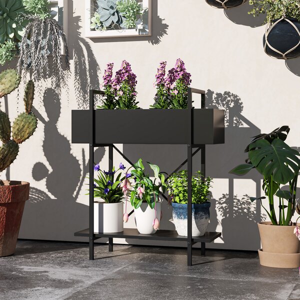 Outsunny Supporto per piante da interno a 2 livelli, con fori di drenaggio, in metallo, 60 x 25 x 70 cm, Nero | Aosom Italy