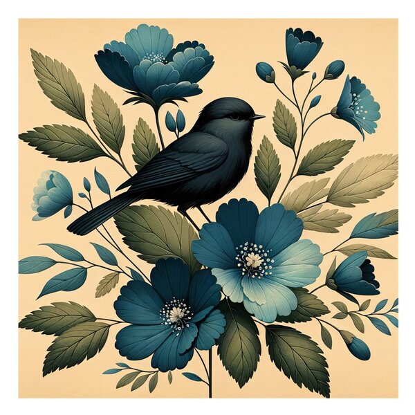 Quadro su tela – Uccellino su ramo con fiori blu