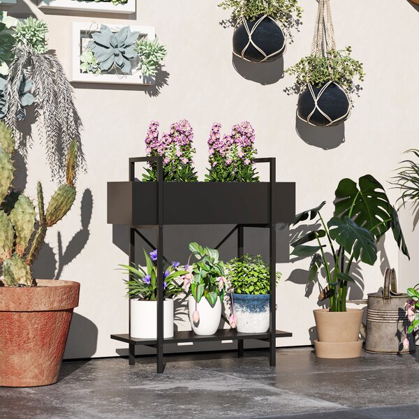 Outsunny Supporto per piante da interno a 2 livelli, con fori di drenaggio, in metallo, 60 x 25 x 70 cm, Nero | Aosom Italy