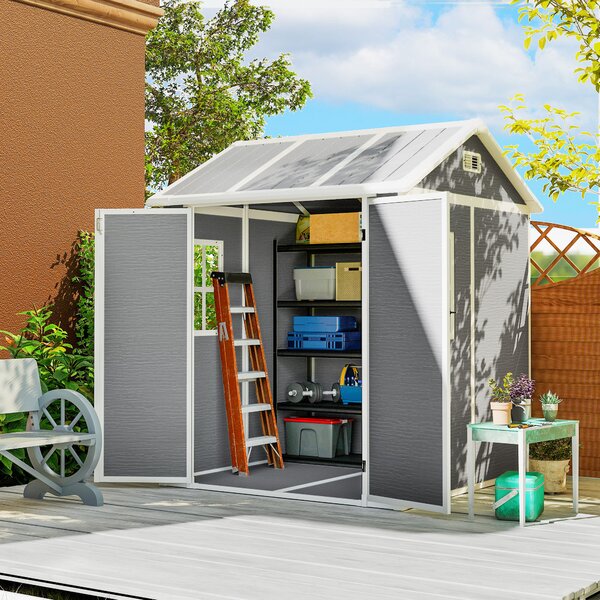 Outsunny Casetta da Giardino con Pavimento, Capanno porta Attrezzi in Resina 2 Porte con Blocco e Finestra, 1.8x1.8m, Grigio | Aosom Italy