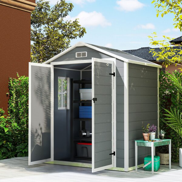 Outsunny Casetta da Giardino con Finestra e Doppia Porta con Serratura, Capanno per Attrezzi in Alluminio e PP, Grigio | Aosom Italy