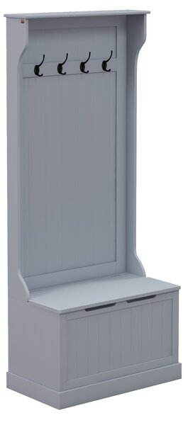 HOMCOM Mobile Appendiabiti 3 in 1 con 4 Ganci e Panca Contenitore, in Legno, 71.5x39.5x170 cm, Grigio