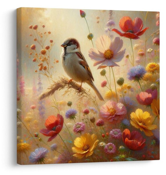 Quadro su tela – Uccellino nella natura in fiore