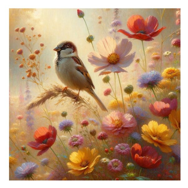 Quadro su tela – Uccellino nella natura in fiore