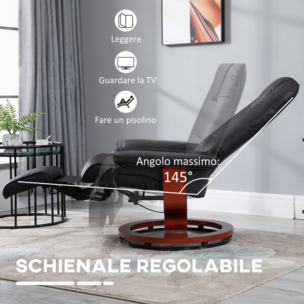 HOMCOM Poltrona Relax Reclinabile Manualmente fino 145° con Poggiapiedi e Rivestimento in Finta Pelle, Nero | Aosom Italy