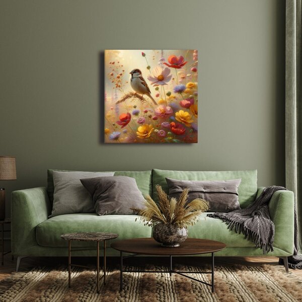 Quadro su tela – Uccellino nella natura in fiore