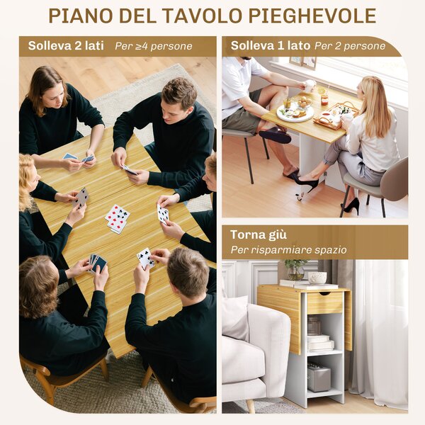 HOMCOM Tavolo Pieghevole Consolle per 2-4 Persone con scomparti aperti e ruote, Cassetto e Ripiani, in truciolato, Quercia|Aosom Italy