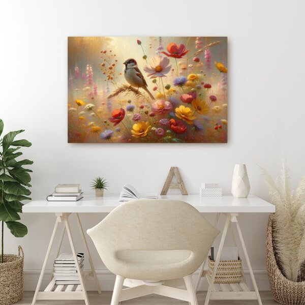 Quadro su tela – Passero nel giardino fiorito