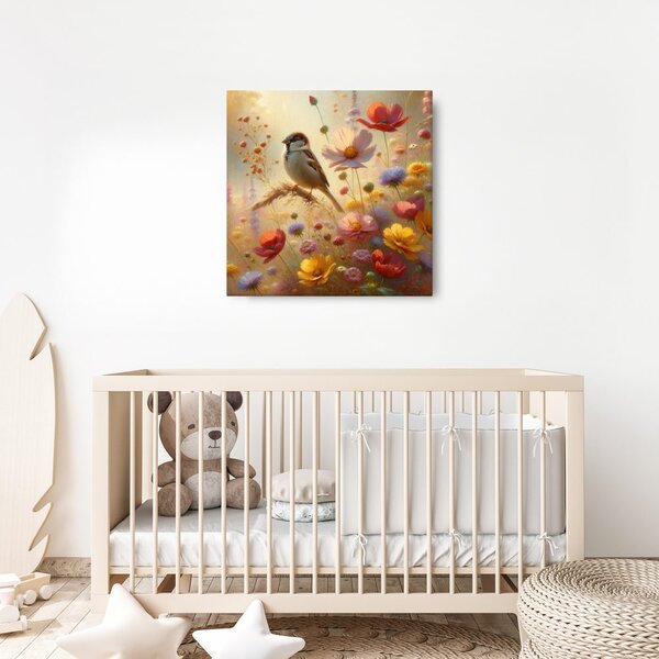 Quadro su tela – Uccellino nella natura in fiore