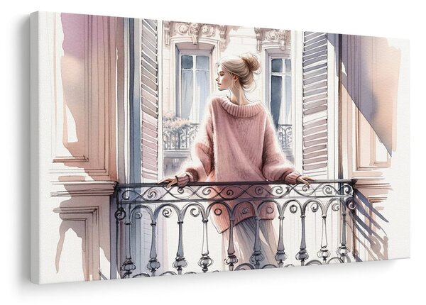 Quadro su tela – Ragazza con maglione rosa sul balcone