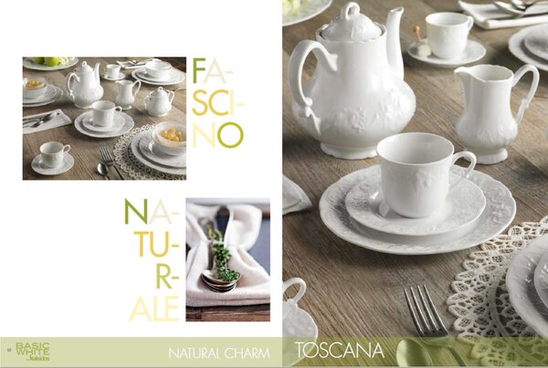 Tazze da Colazione Con Piatto con piattino set da 6 in porcellana con decoro a rilievo 11,5x11,5x h7 cm-340 cc Collezione Toscana lavabile in lavastoviglie porcellana Di Limoges Bianco Freddo