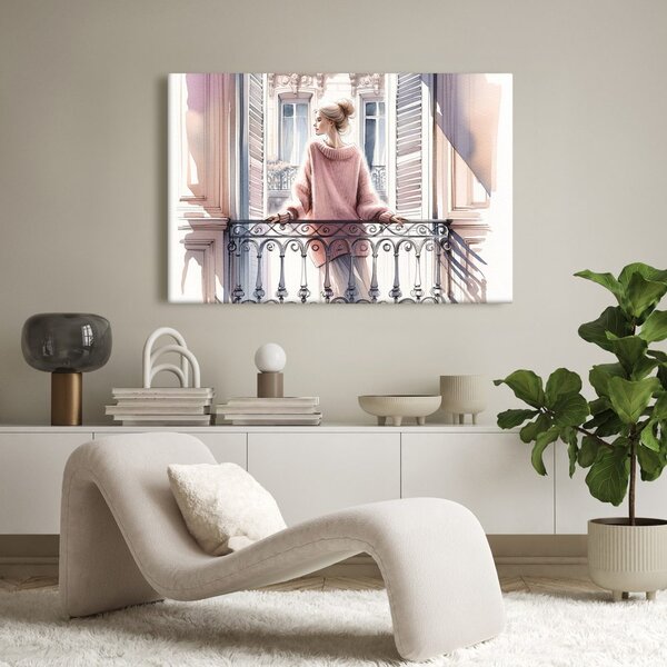Quadro su tela – Ragazza con maglione rosa sul balcone