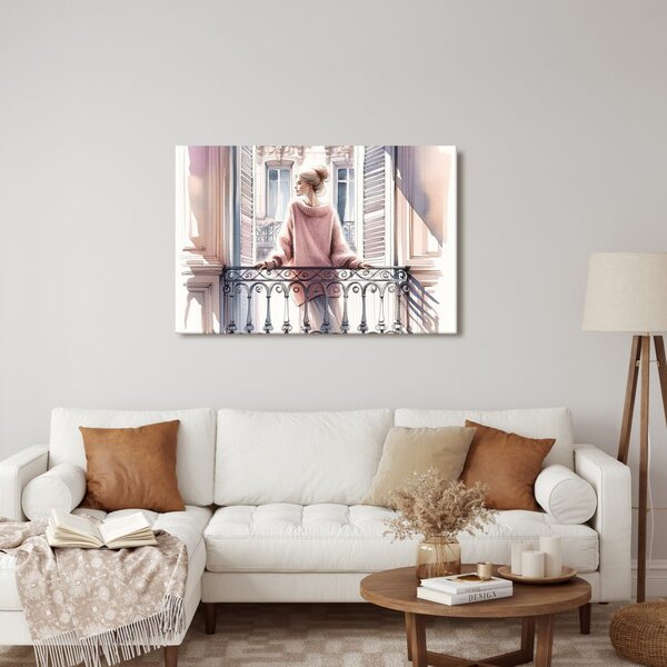 Quadro su tela – Ragazza con maglione rosa sul balcone
