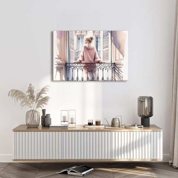 Quadro su tela – Ragazza con maglione rosa sul balcone