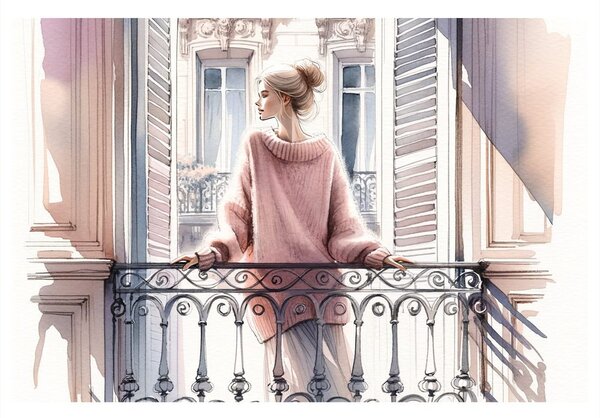 Quadro su tela – Ragazza con maglione rosa sul balcone
