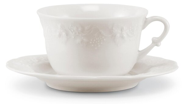 Tazze da Colazione Con Piatto con piattino set da 6 in porcellana con decoro a rilievo 11,5x11,5x h7 cm-340 cc Collezione Toscana lavabile in lavastoviglie porcellana Di Limoges Bianco Freddo