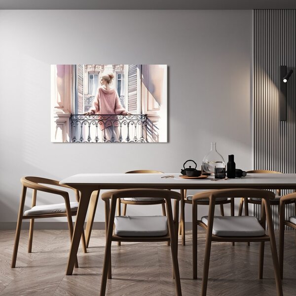 Quadro su tela – Ragazza con maglione rosa sul balcone