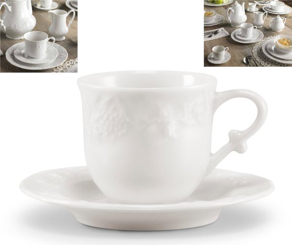 Tazzine Da Caffe con piattino set da 6 in porcellana con decoro a rilievo 6,5x6,5xh5 cm-100 cc Collezione Toscana lavabile in lavastoviglie porcellana Di Limoges Bianco Freddo
