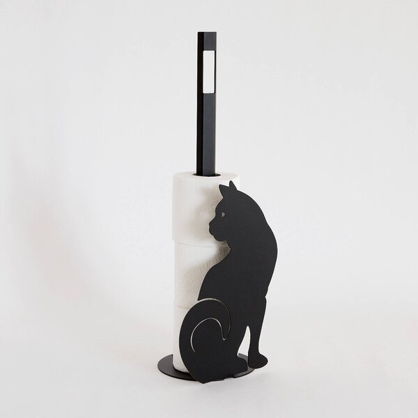 Porta Carta Igienica Gatto terra in metallo, colore Nero Goffrato
