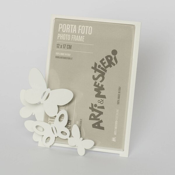 Porta foto Farfalle in metallo verniciato, per foto 9,5xh12,5 cm - Dimensione Porta foto 12xh13 cm colore Bianco Neve