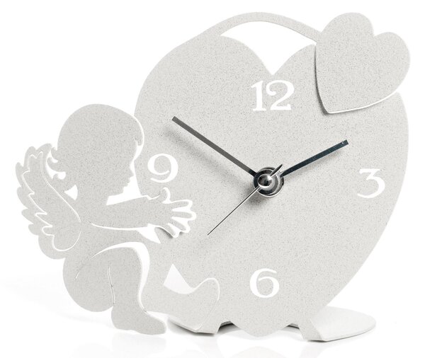 Orologio da tavolo Circeo in metallo, Dimensioni 16x h 14 cm, Un orologio da tavolo con caratteristici riccioli di Arti&Mestieri sia sopra che sotto al quadrante colore Bianco