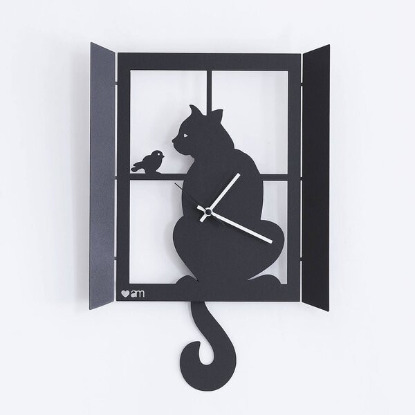 Orologio Gatto alla Finestra pendolo in metallo, 32x47h, colore Nero Goffrato