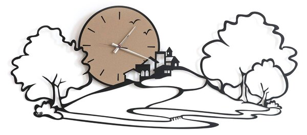 Orologio da parete Orologio ispirato alla natura e al paesaggio grazie alle linee che tracciano il profilo di esso con alberi e case su una collina PAESAGGIO in metallo, 98x h43 cm, colore Nero Goffrato