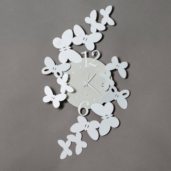 Orologio da parete formato da due gruppi di farfalle posti lateralmente �formato da due gruppi di farfalle posti lateralmente PAPILLON in metallo, 32xh 56 cm, colore Bianco Neve