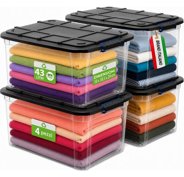 Set 4 Pezzi Contenitori con Coperchio 58x38,5x29 cm Storage Box Solid Cargo Capienza 43L in Plastica