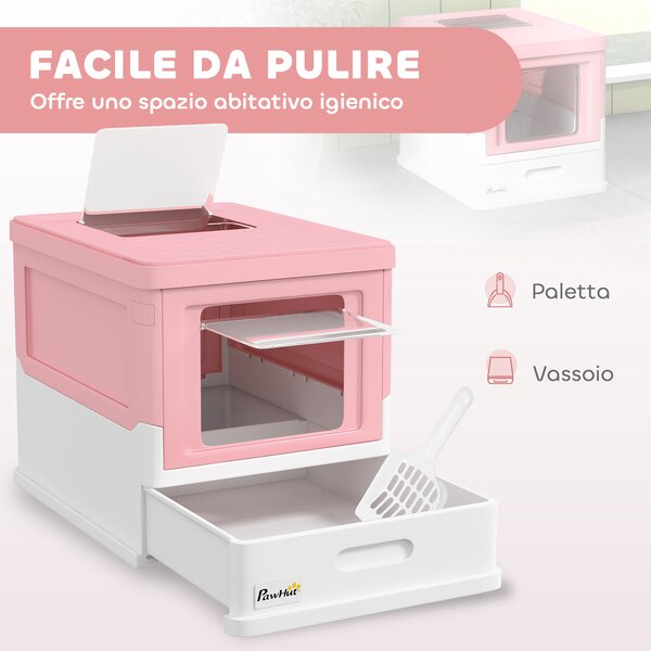 PawHut Lettiera per Gatti Chiusa in PP a 2 Porte con Paletta e Vassoio Estraibile, 47.5x35.5x36.7 cm, Rosa e Bianco