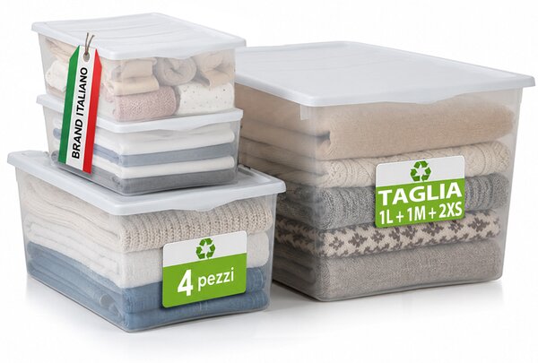 Set 4 Pezzi Contenitori con Coperchio Spring Box 1L + 1M + 2XS in Plastica Bianco Trasparente