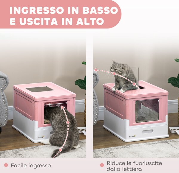 PawHut Lettiera per Gatti Chiusa in PP a 2 Porte con Paletta e Vassoio Estraibile, 47.5x35.5x36.7 cm, Rosa e Bianco