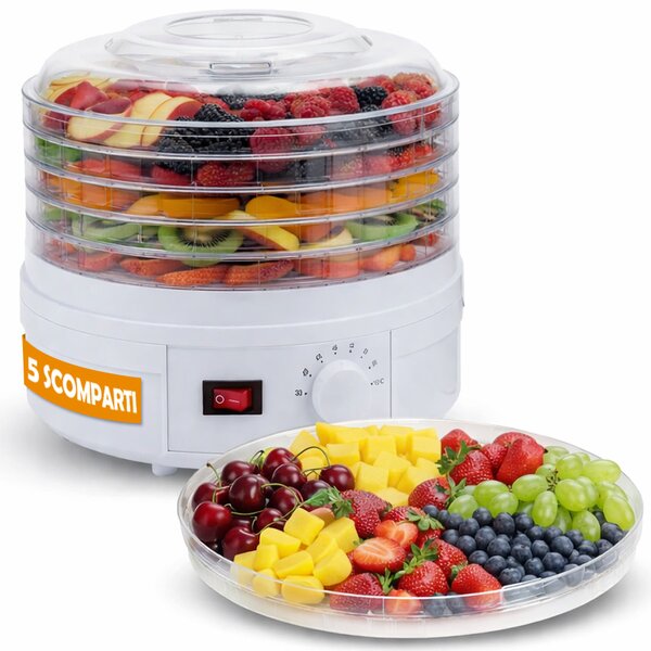Mini Essiccatore Elettrico per Alimenti con 5 Vassoi e Coperchio 35°-70° Bianco