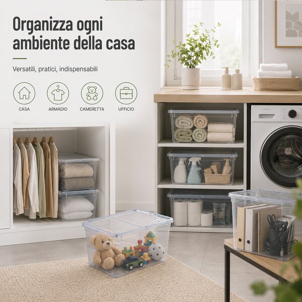 Set 4 Pezzi Contenitori con Coperchio 57x39x29 cm Storage Box Marea Capienza 46L in Plastica Trasparente