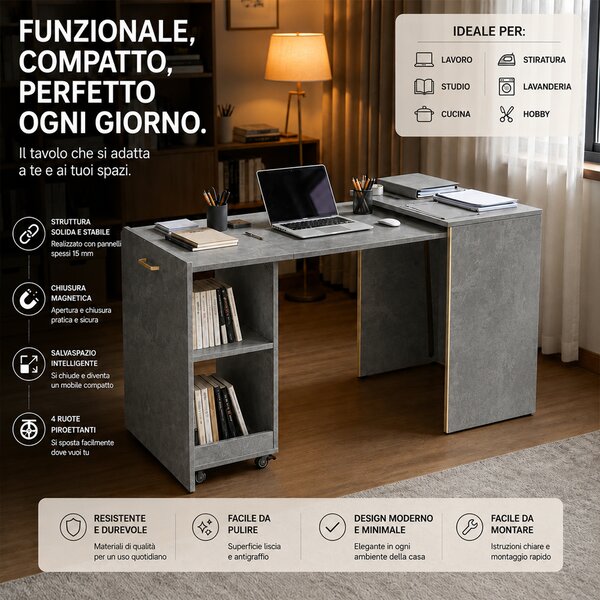 Mobile con Tavolo a Scomparsa Richiudibile Salvaspazio Scrivania con Libreria Grigio