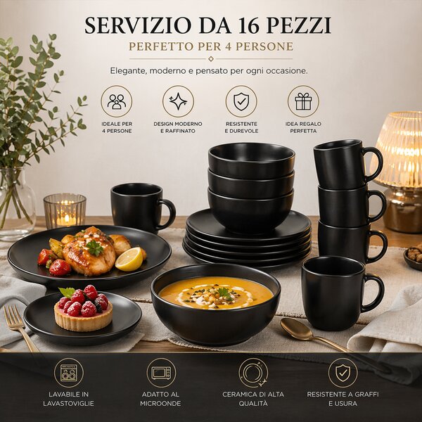 Servizio Piatti 16 Pezzi Design Moderno per 4 Persone in Gres Smaltato Nero