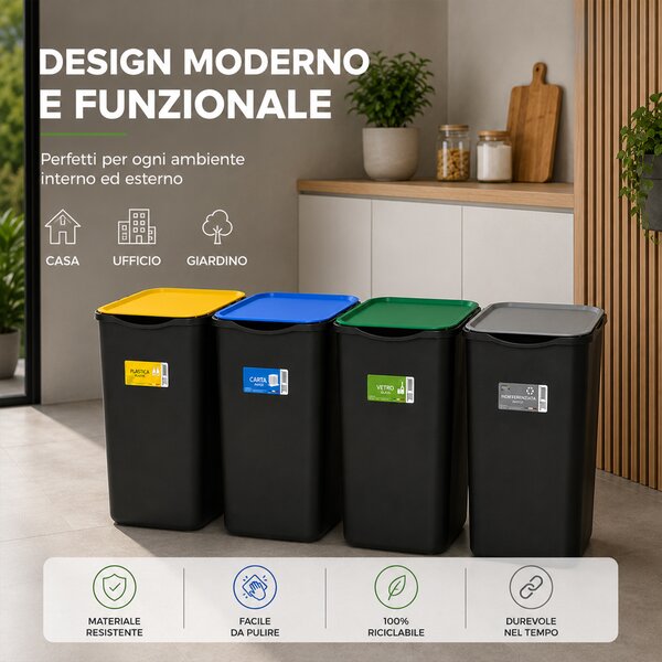 Set 4 Pattumiere Bidoni 37,5x36x62 cm Raccolta Differenziata Spazzatura Capienza da 50 L in Plastica Nero