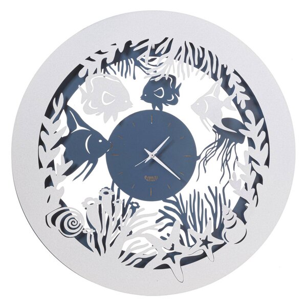 Orologio da parete con pesciolini Nettuno in metallo, diametro 50, colore Azzurro Bianco Marmo