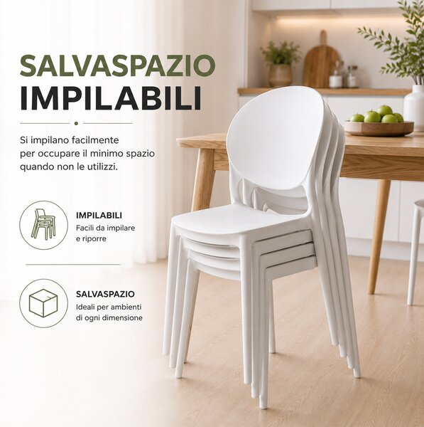 Set 4 Sedie da Pranzo Impilabili Modello Milano 48x40x80 cm in Polipropilene Bianco