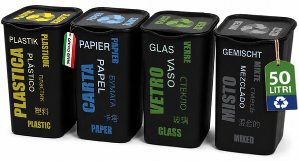 Set 4 Pattumiere per Raccolta Differenziata 37,5x36x53,5 cm Bidone da 50 Litri in Plastica Nero