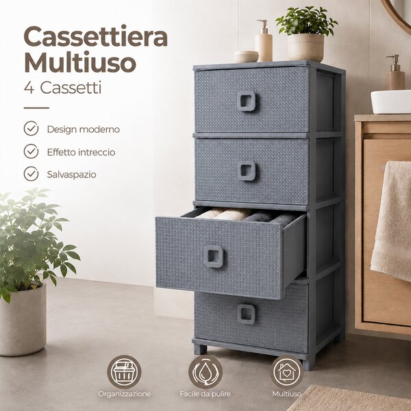 Cassettiera 37x37,5x80 cm Pratika Kool Multiuso con 4 Cassetti in Plastica Grigio